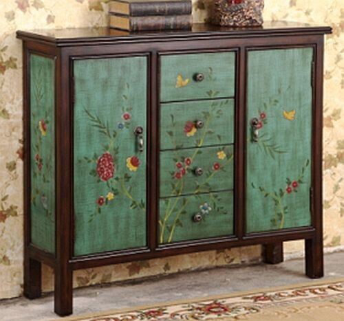 Hand Painted Green & Brown Wooden Antique Floral Accent Decor Entryway Table