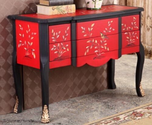 Hand Painted Red Wood Antique Floral Accent Decor Dresser Drawer Table