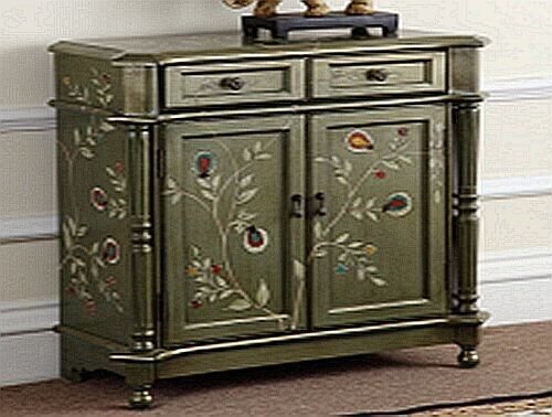 Hand Painted Dark Green Wood Decorative Floral Table Storage Accent Cabinet