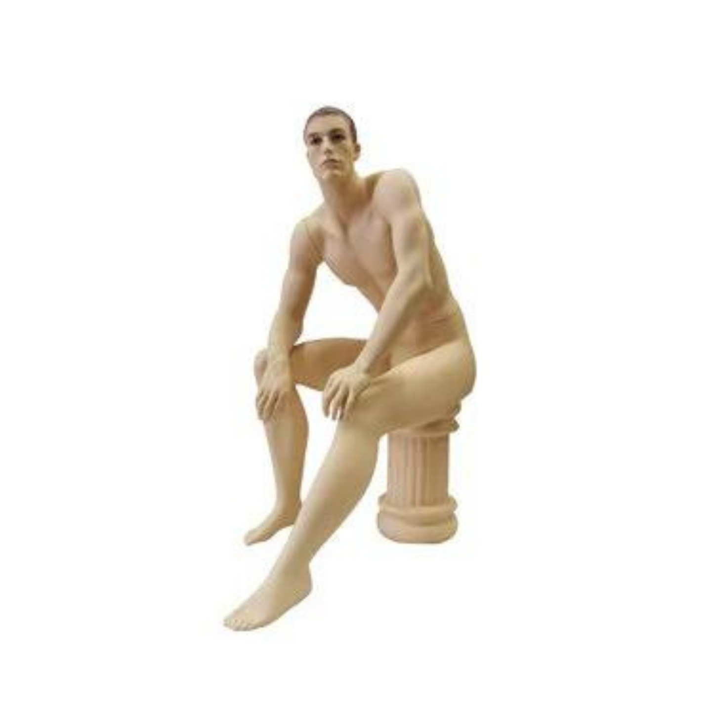 Realistic Face Adult Male Seated Fiberglass Mannequin with Molded Hair + Stool