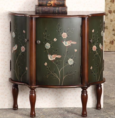 Hand Painted Wood Antique Dark Green & Brown Floral Accent End Table Nightstand
