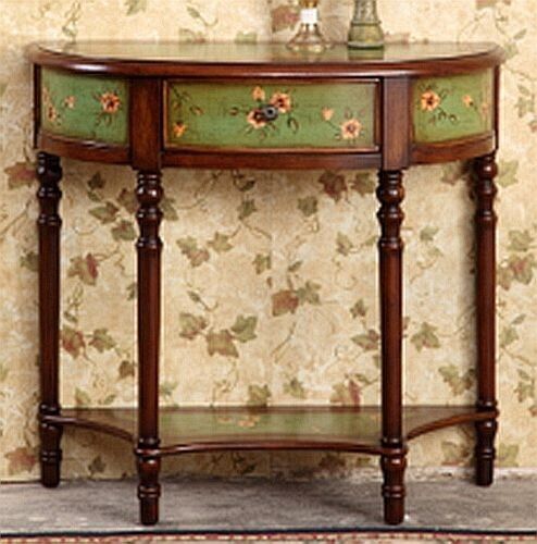 Hand Painted Wooden Green & Brown Accent Floral Decor End Table Nightstand