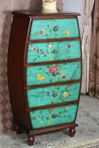 Hand Painted Green & Brown Wood Antique Floral Accent Decor Drawer Dresser Table