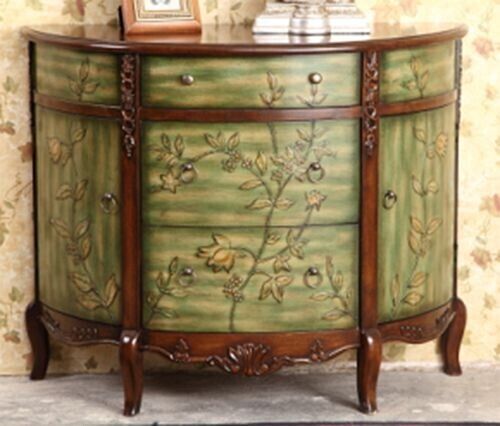 Hand Painted Wooden Antique Light Green Floral Accent Dresser Table with Drawers