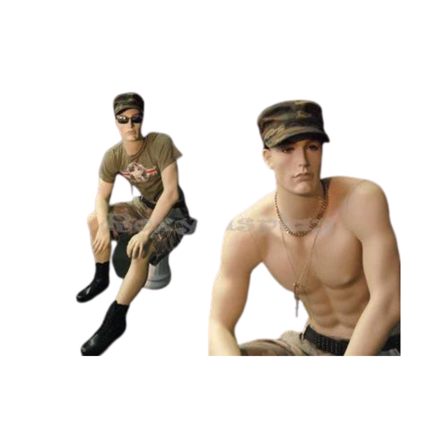 Realistic Face Adult Male Seated Fiberglass Mannequin with Molded Hair + Stool